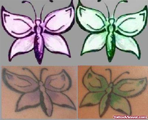 Purple Ink and Green Ink Butterfly Tattoo