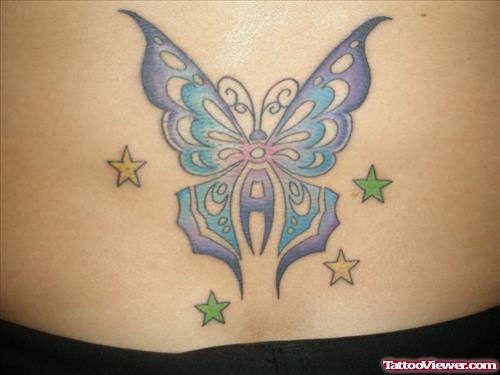 Colored Stars And Butterfly Tattoo On Lowerback