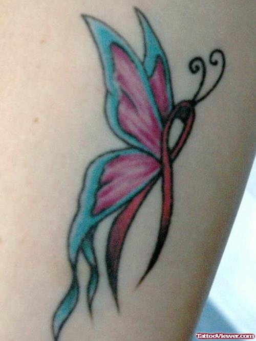 Colored Butterfly And Ribbon Tattoo