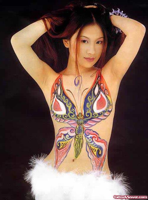 Awesome Colored Butterfly Tattoo On Front