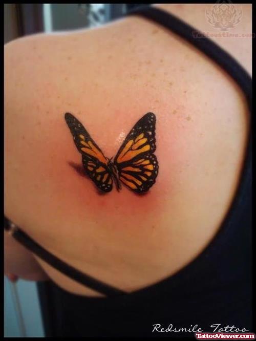 Yellow Butterfly Tattoo On Back Shoulder