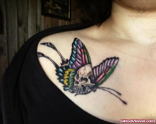 Skull Butterfly Tattoo On Collarbone