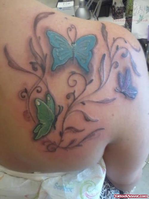 Beautiful Color Butterflies Tattoos on Back Shoulder