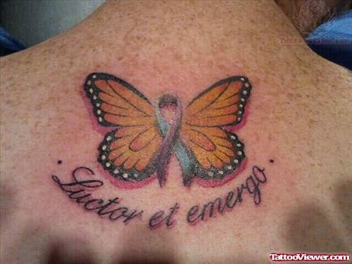 Ribbon Butterfly Tattoo On Upperback