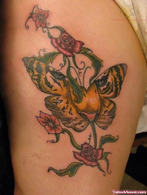 Flowers And Butterfly Tiger Face Tattoo