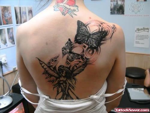 Fairy And Butterfly Tattoo On Back