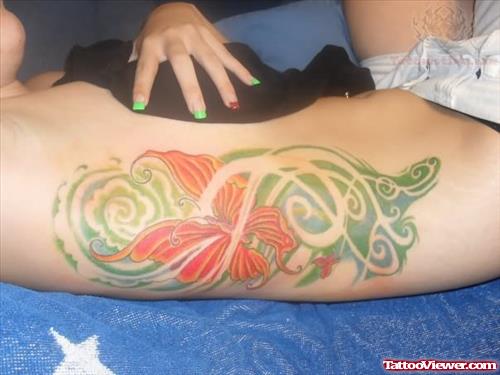 Color Large Butterfly Tattoo On Rib
