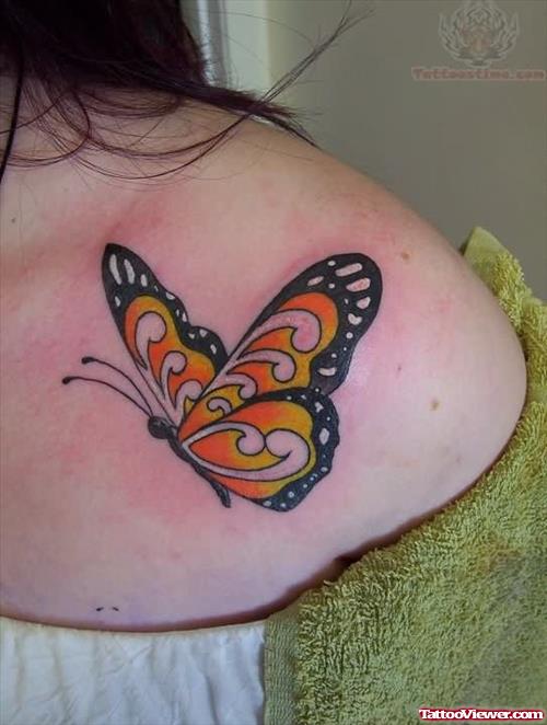 Color Butterfly Tattoo On Shoulder