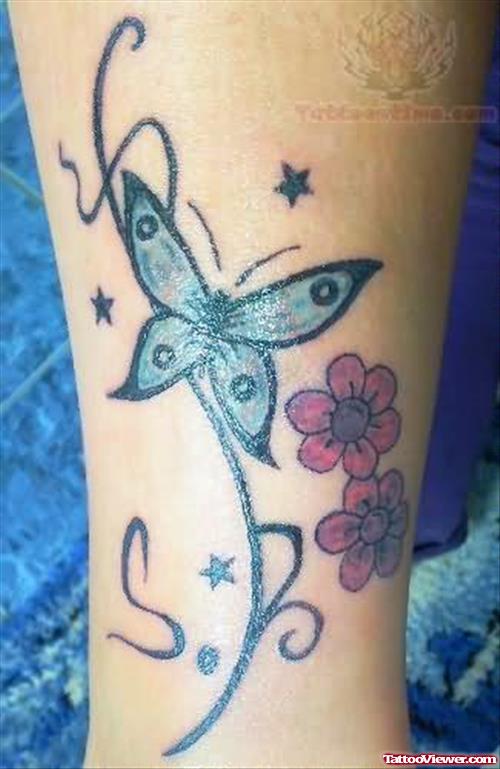Butterfly And Flower Color Tattoo