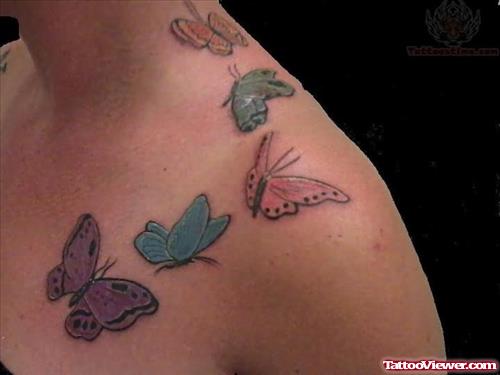 Butterflies Tattoos On Collarbone And Upper Shoulder