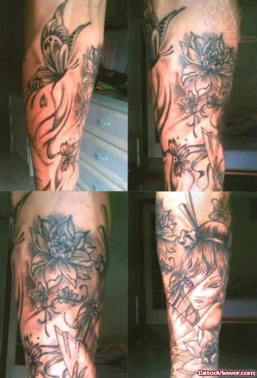 Grey Ink Flower And Butterfly Tattoo