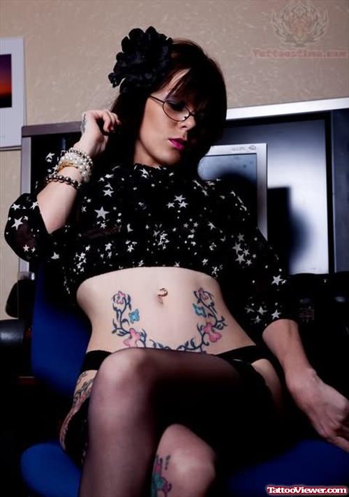 Butterflies And Tribal Tattoo On Belly