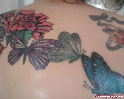Butterflies And Flower Tattoo On Upperback