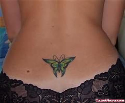 Lovely Green Butterfly Tattoo On Lower Back
