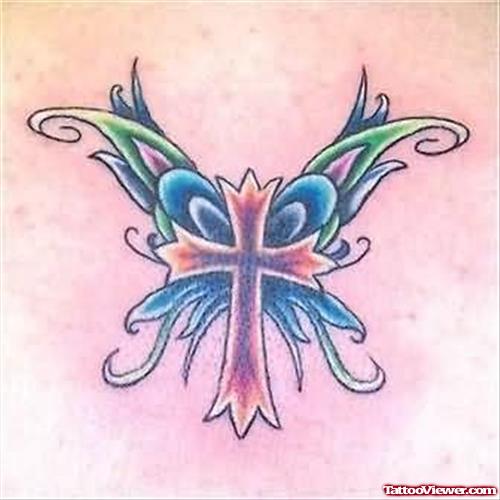 Colorful Butterfly And Cross  Tattoo