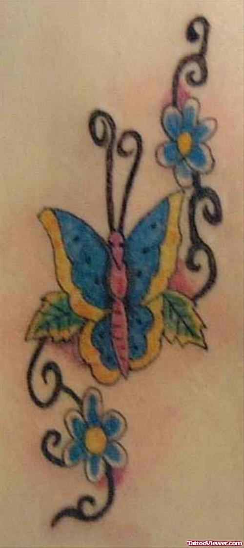 Blue Butterfly With Blue Flowers Tattoo