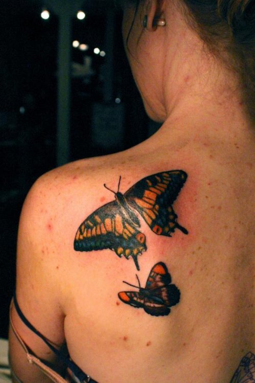 Left Back Shoulder Colored Butterfly Tattoos