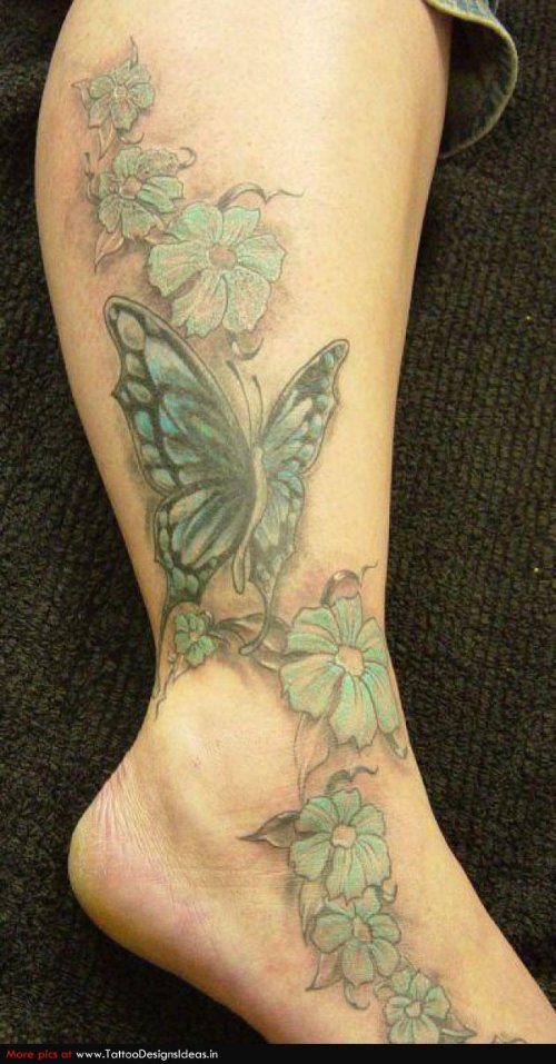 Flowers And Butterfly Tattoo On Ankle