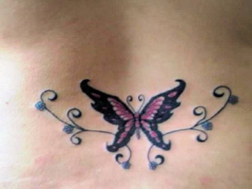 Pink Butterfly Tattoo On Lowerback