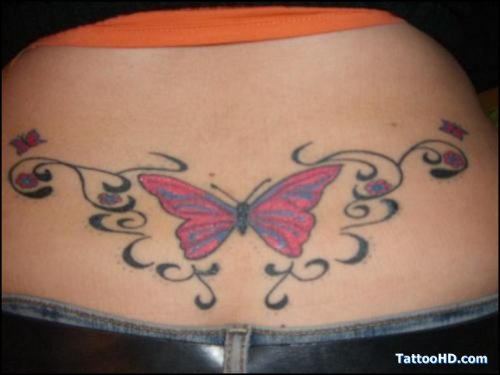 Red Butterfly Tattoo On Girl Lowerback