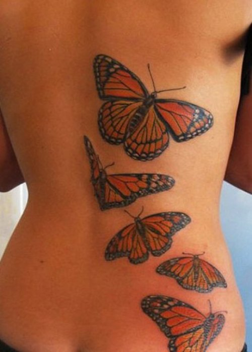 Colored Butterflies Tattoos On Back
