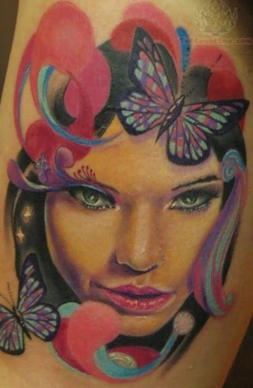 Butterfly And Girl Head Tattoo