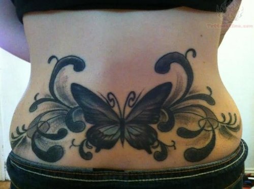 Lower Back Grey Ink Butterfly Tattoo