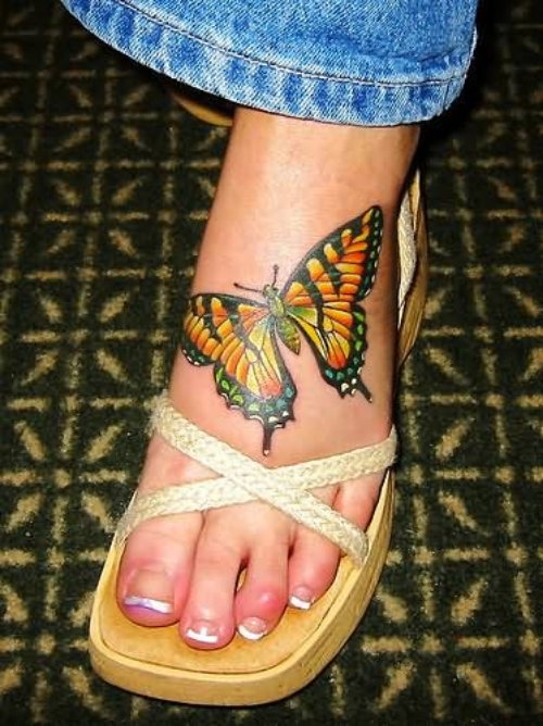 Colorful Butterfly Tattoo On Foot