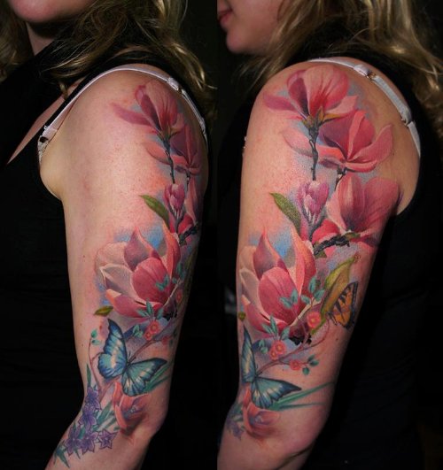 Flowers And Butterflies Tattoos On Left Sleeve