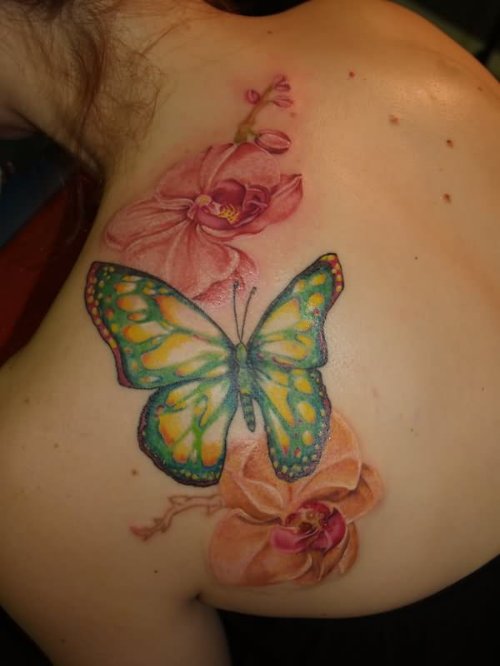 Orchid Flowers And Butterfly Tattoo