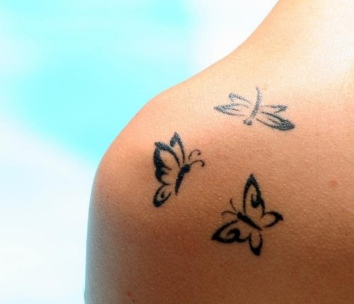 Dragonfly With Butterflies Tattoo On Shoulder