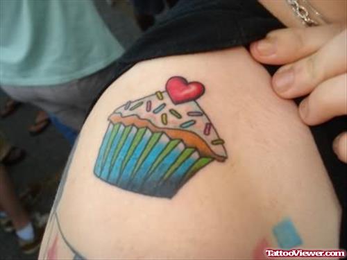 Cup Cake Tattoo On Shoulder