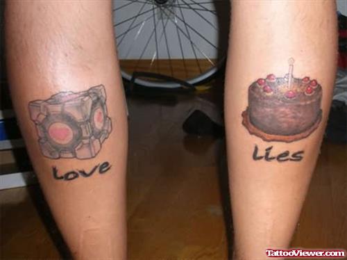 Love Cake Tattoo On Legs