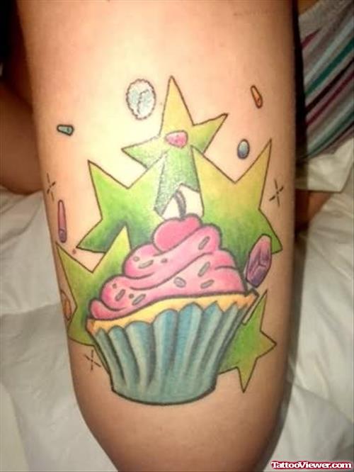 Cup Cake Tattoo On Thigh