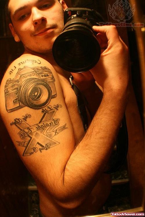 Camera Tattoo On Boy Half Sleeve
