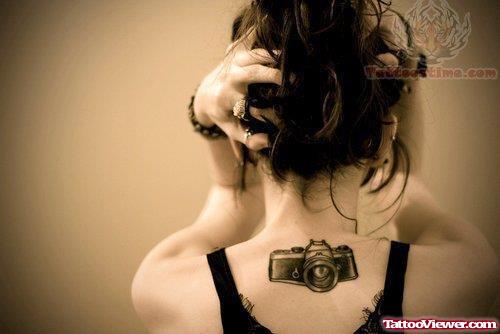 Back Neck Camera Tattoo For Girls