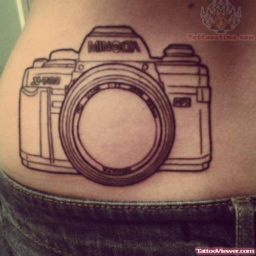 Large Camera Tattoo On Lower Back