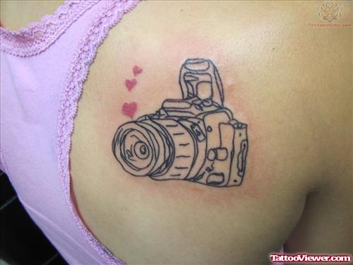 Camera Tattoo On Back Shoulder