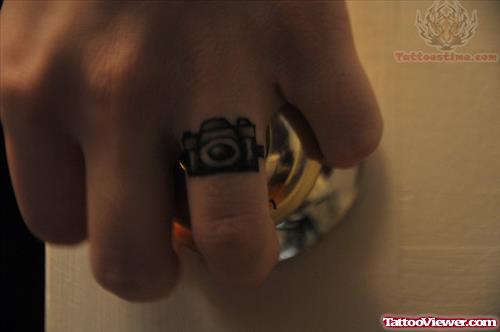 Small Camera Tattoo Ring On Finger