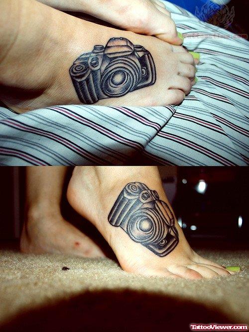 Black Camera Tattoo On Foot