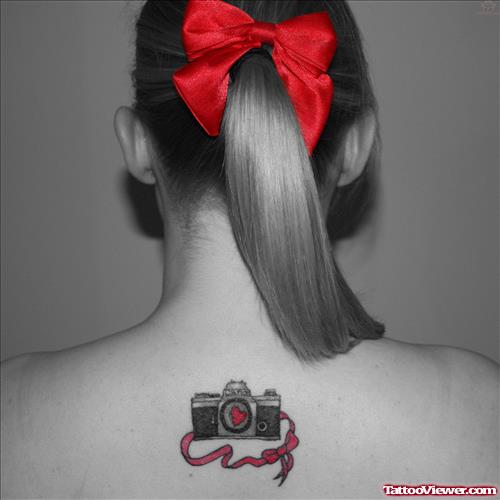 Heart In Camera Tattoo On Back