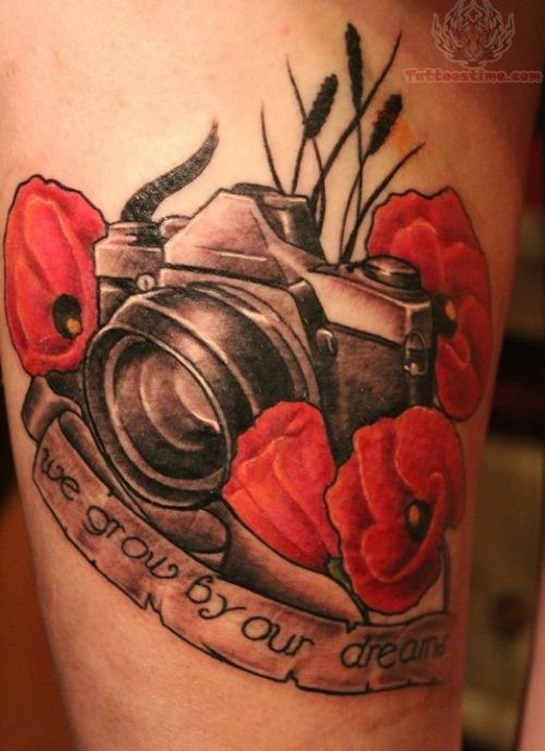 Red Flowers And Camera Tattoo