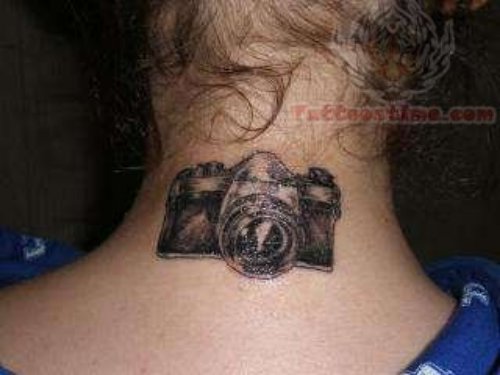 Black Camera Tattoo On Girl Neck
