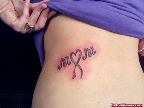 Mom Ribbon Cancer Tattoo On Side Rib