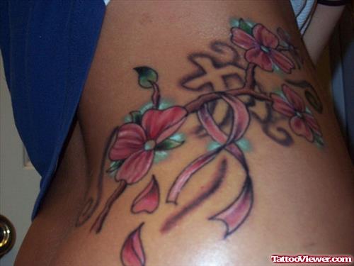Flowers Tree and Ribbon Cancer Tattoo On Side Rib