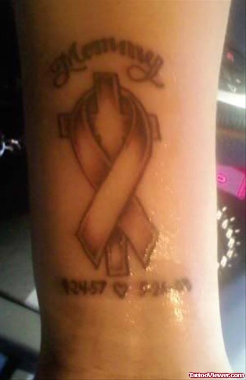 Memorial Grey Ink Cancer Tattoo On Left Forearm