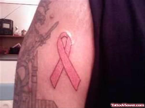 Grey Ink Ribbon Cancer Tattoo On Half Sleeve