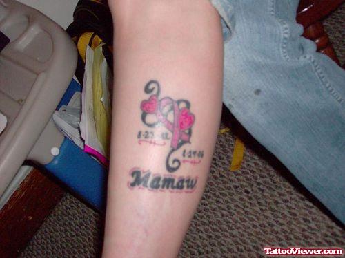 Pink Hearts And Memorial Breast Cancer Tattoo On Leg