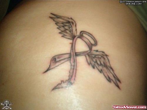Grey Ink Angel Winged Cancer Ribbon Tattoo