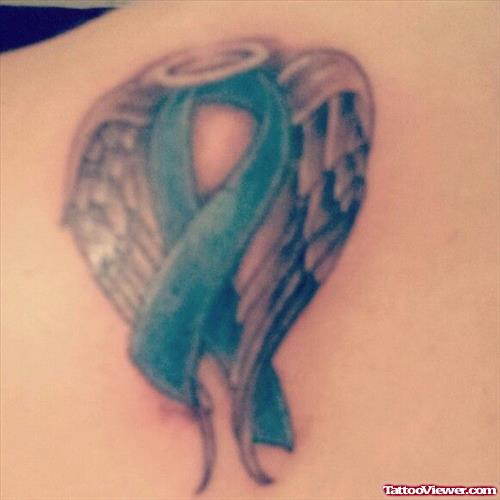 Angel Winged Cancer Ribbon Tattoo On Back Shoulder